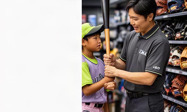 北九州の野球用品店でスタッフが少年選手のバットを身長に合わせて確認している様子