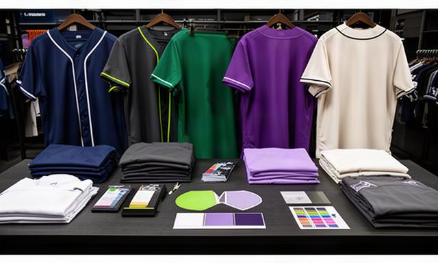 チームカラーの異なる野球ユニフォームと背番号加工の見本を並べた店内展示